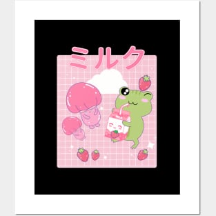 Kawaii Frog Strawberry Milk Frogs Cottagecore Posters and Art